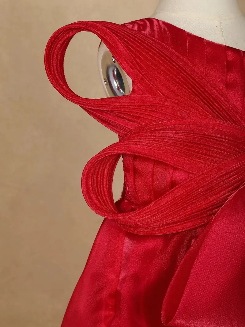 Red Solid Design Organza Party Gown For Girls 3