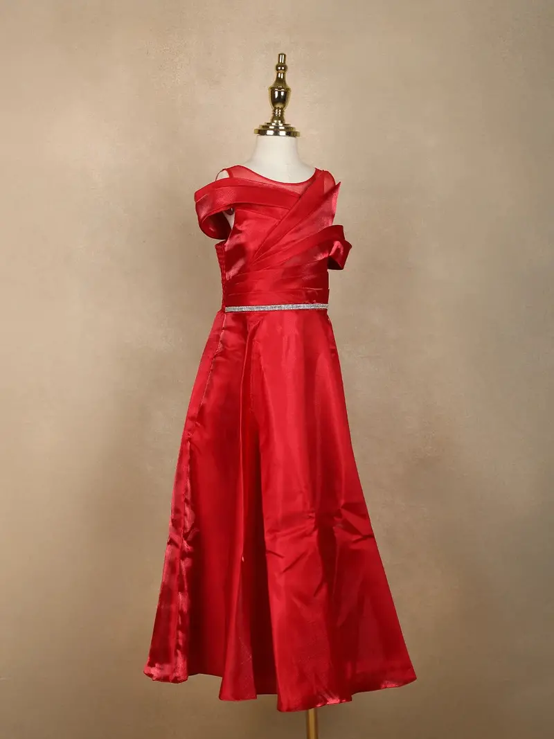 Red Solid Design Organza Party Gown For Girls 4