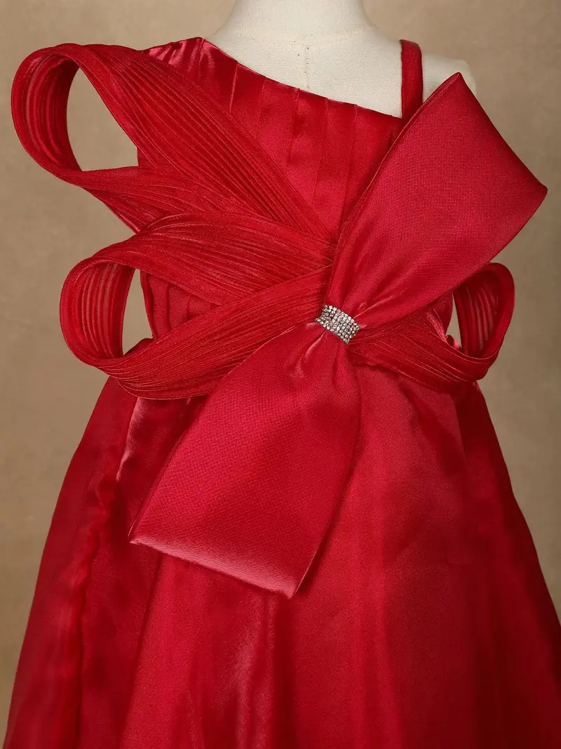 Red Solid Design Organza Party Gown For Girls 4