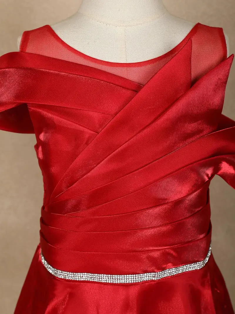 Red Solid Design Organza Party Gown For Girls 5