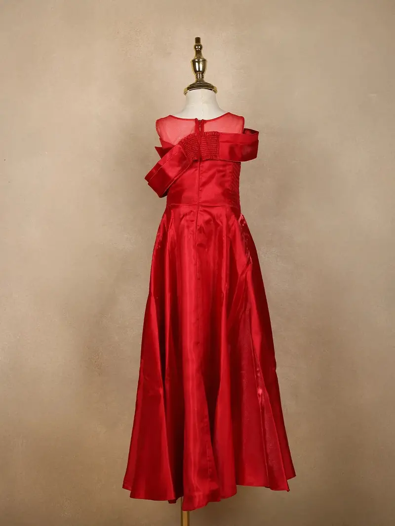 Red Solid Design Organza Party Gown For Girls 6