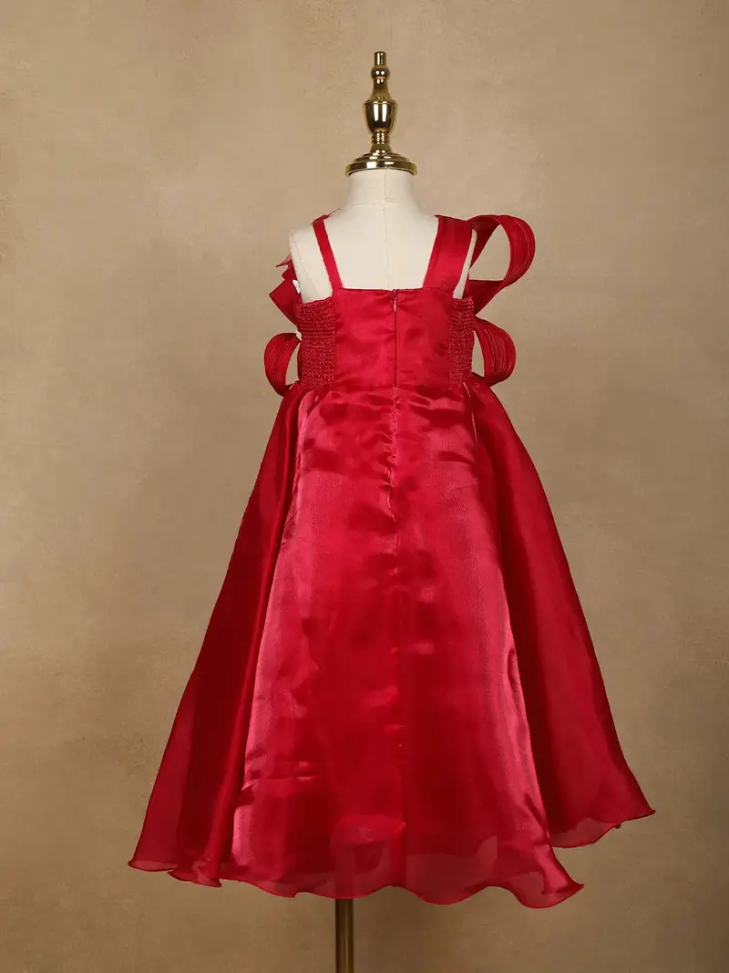 Red Solid Design Organza Party Gown For Girls 6