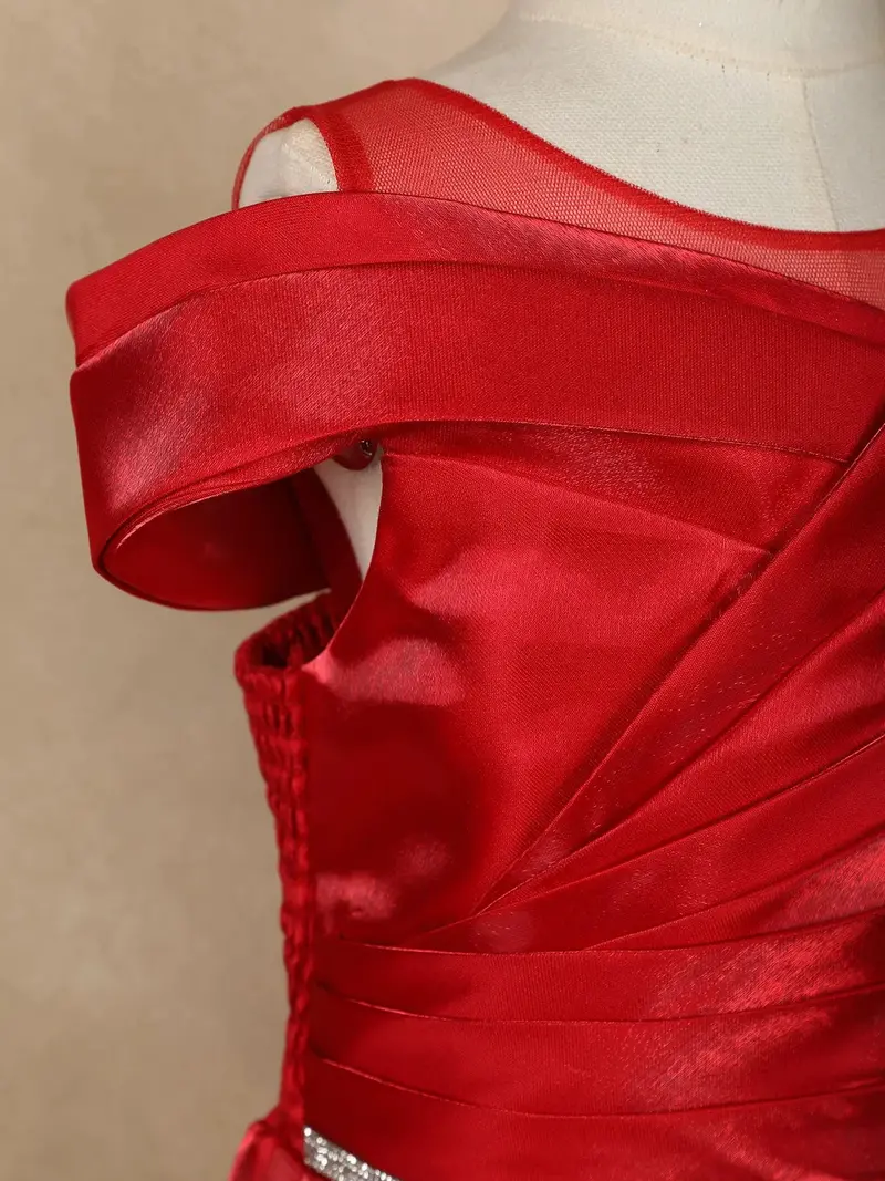 Red Solid Design Organza Party Gown For Girls 7