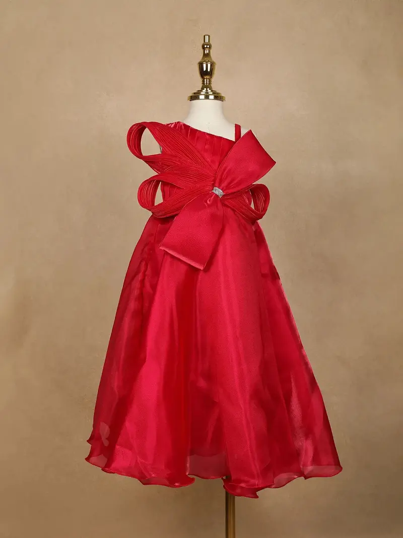 Red Solid Design Organza Party Gown For Girls 7