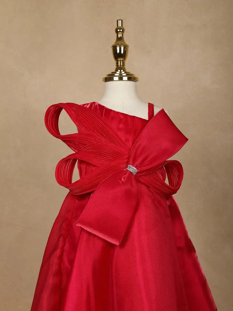Red Solid Design Organza Party Gown For Girls 8