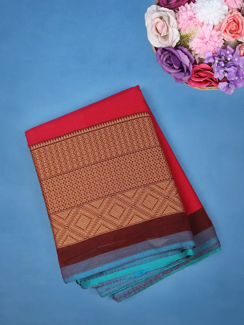 Red Solid Design Pure Cotton Saree 1