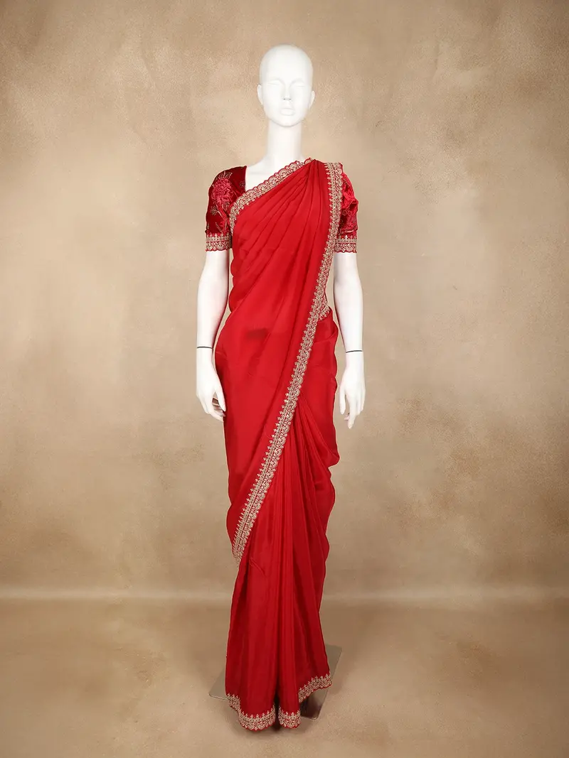 Red Solid Design Satin Saree With Embellished Lace Border 1
