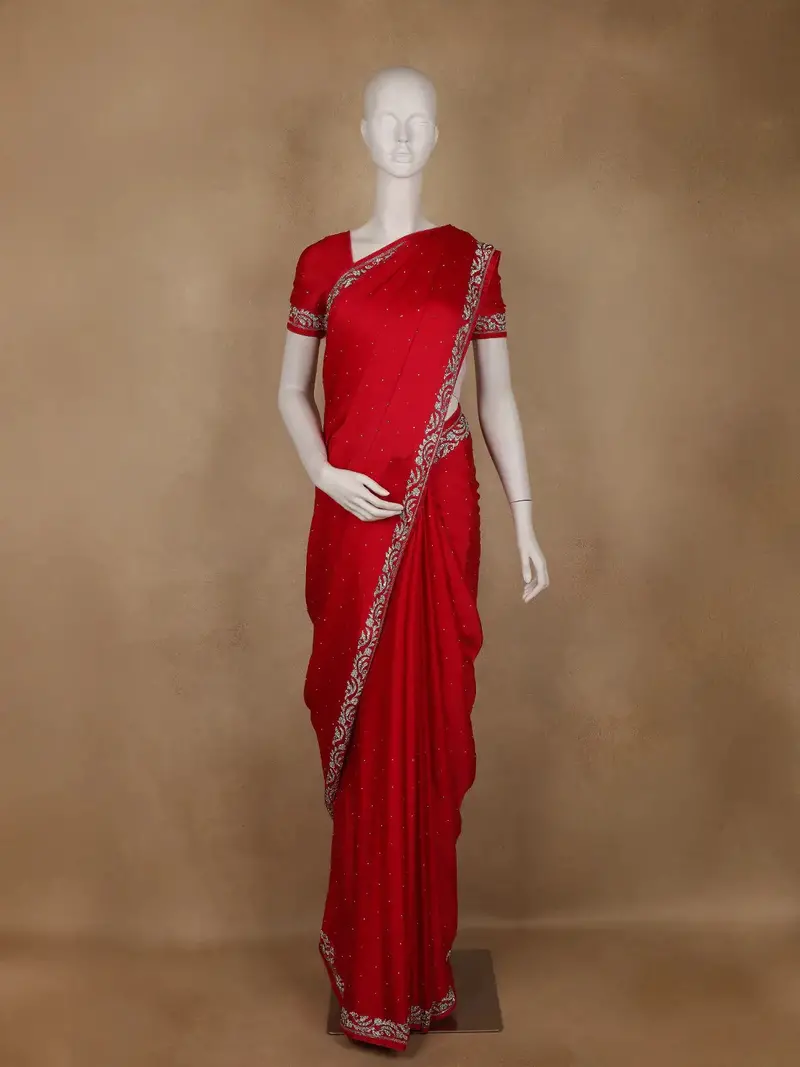 Red Solid Design Stone Work Satin Saree 1