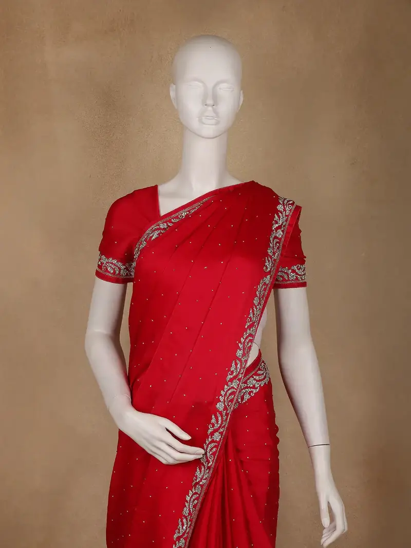 Red Solid Design Stone Work Satin Saree 2