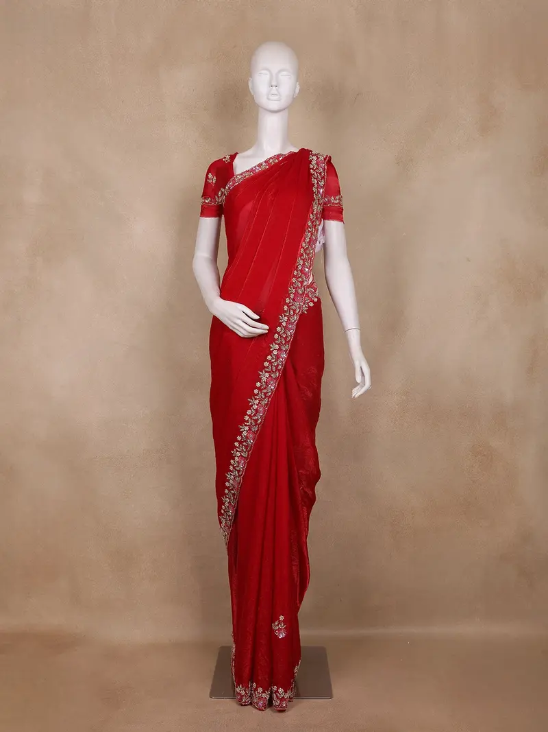 Red Solid Design Tissue Organza Saree 1