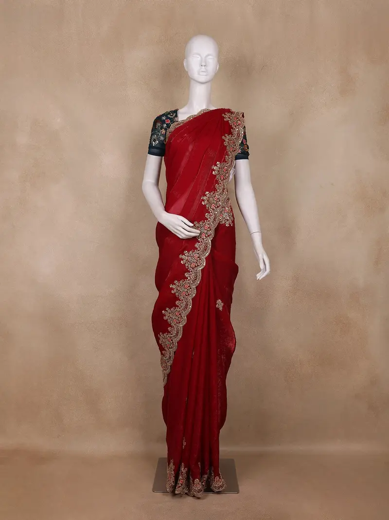 Red Solid Design Tissue Organza Saree With Navy Blue Floral Blouse 1
