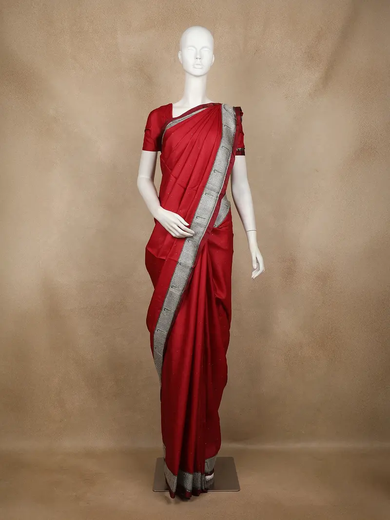 Red Solid Design Tussar Saree With Contrast Grey Zari Border 1