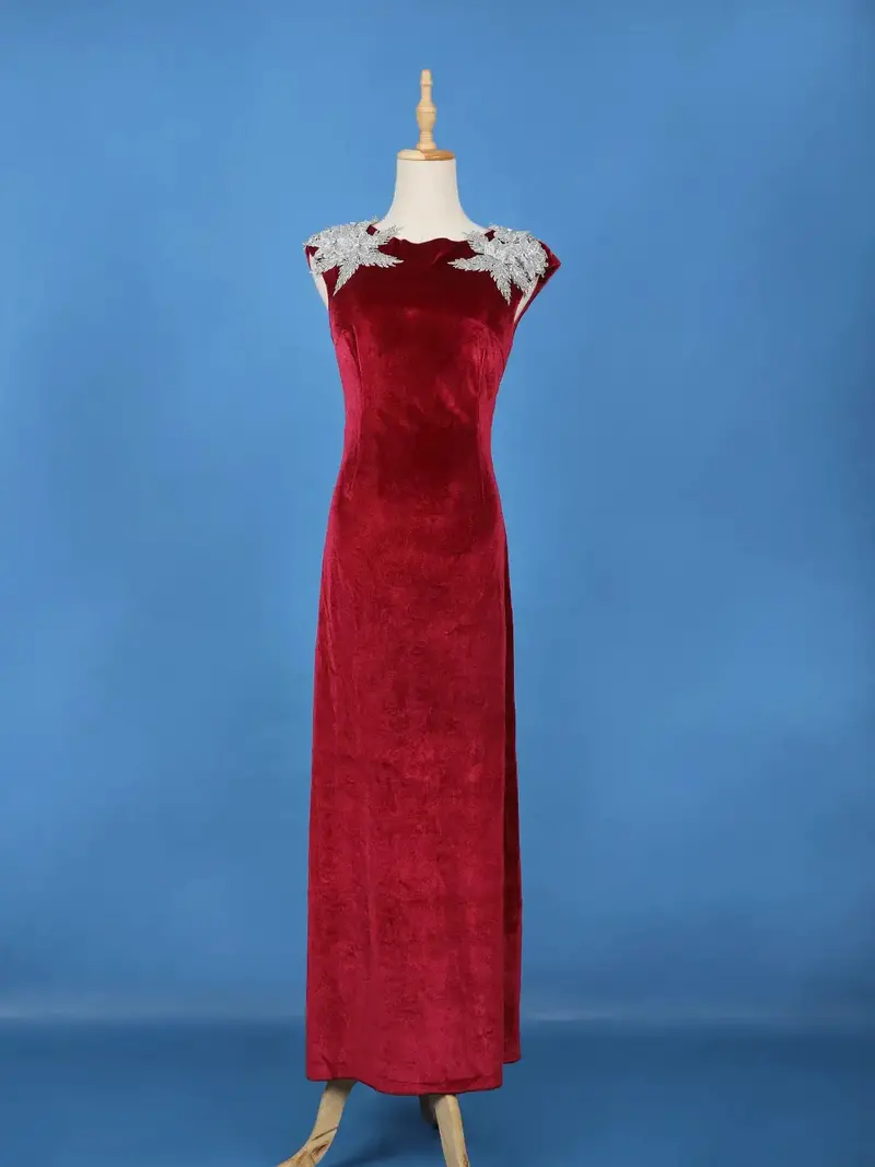 Red Solid Design Velvet Partywear Gown With Silver Floral Shoulder Embellishments 1