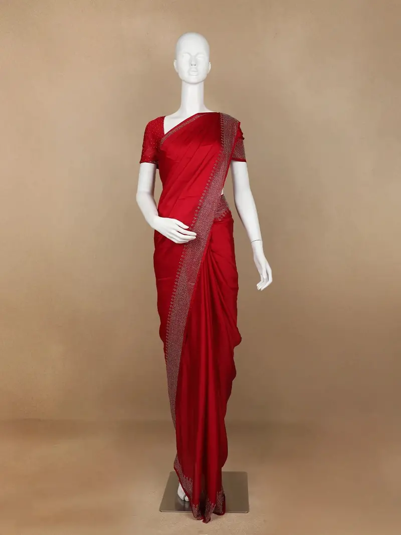 Red Solid Satin Fancy Saree With Designed Border 1
