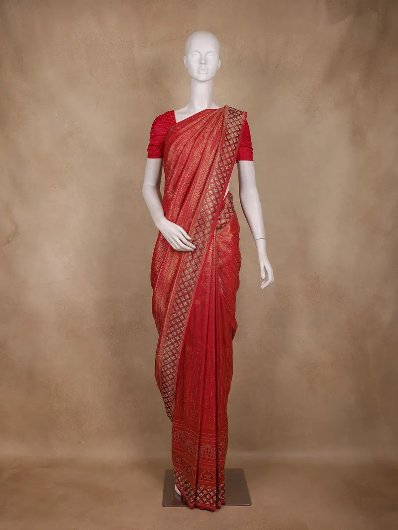 Red Stone Work And Floral Design Banarasi Saree 1