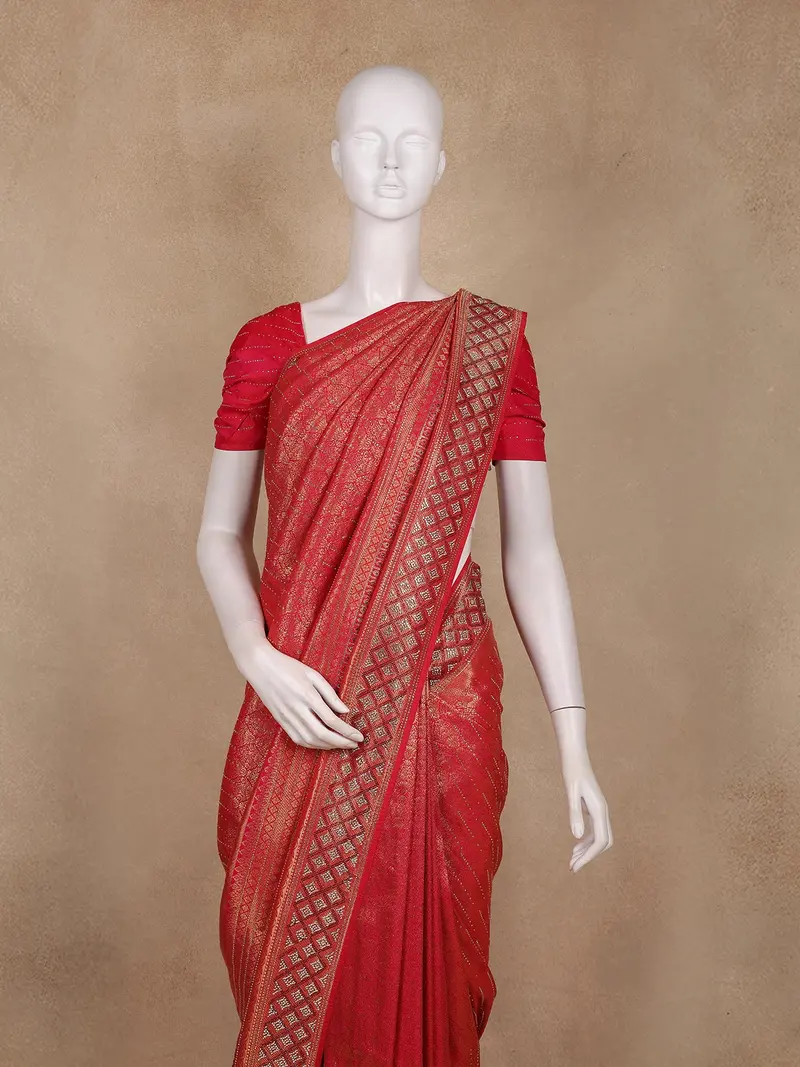 Red Stone Work And Floral Design Banarasi Saree 2