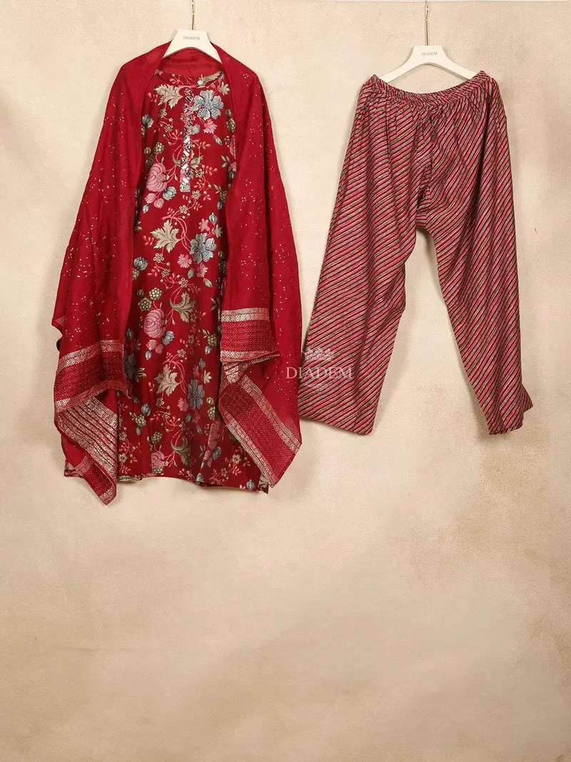 Red Straight Cut Salwar Suit Adorned With Mirror And Floral Design With Dupatta 1