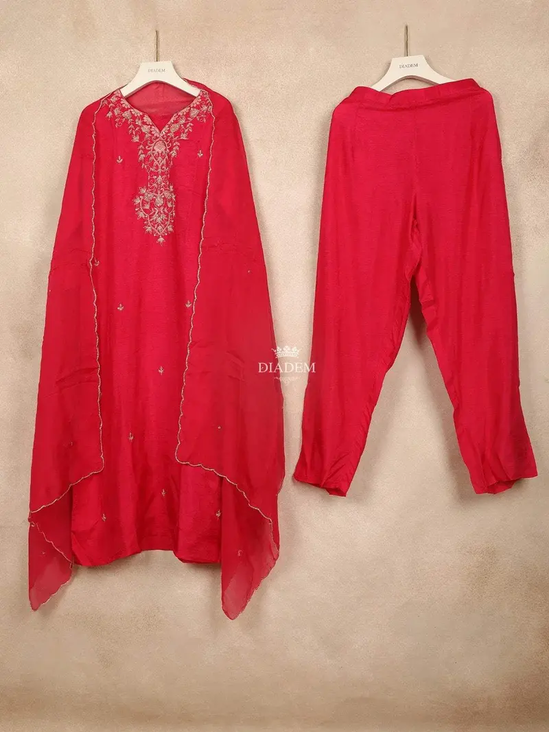 Red Straight Cut Salwar Suit For Girls Adorned With Embroided Floral Design And Paired With Dupatta 1