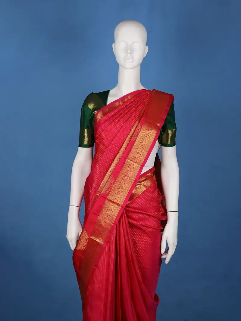 Red Striped Design Zari Border Silk Saree 1