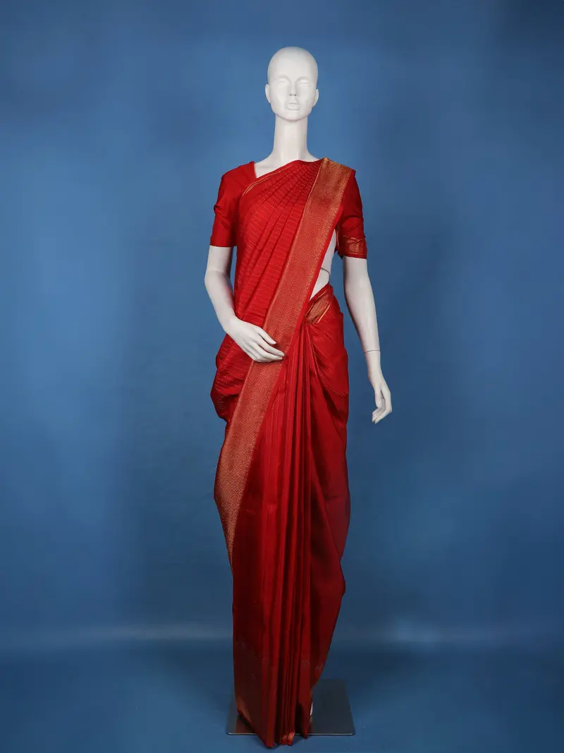 Red Striped Woven Design Pure Kanchipuram Silk Saree 1