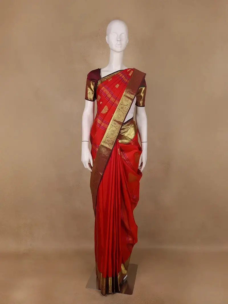 Red Striped Woven Pure Kanchipuram Silk Saree 1