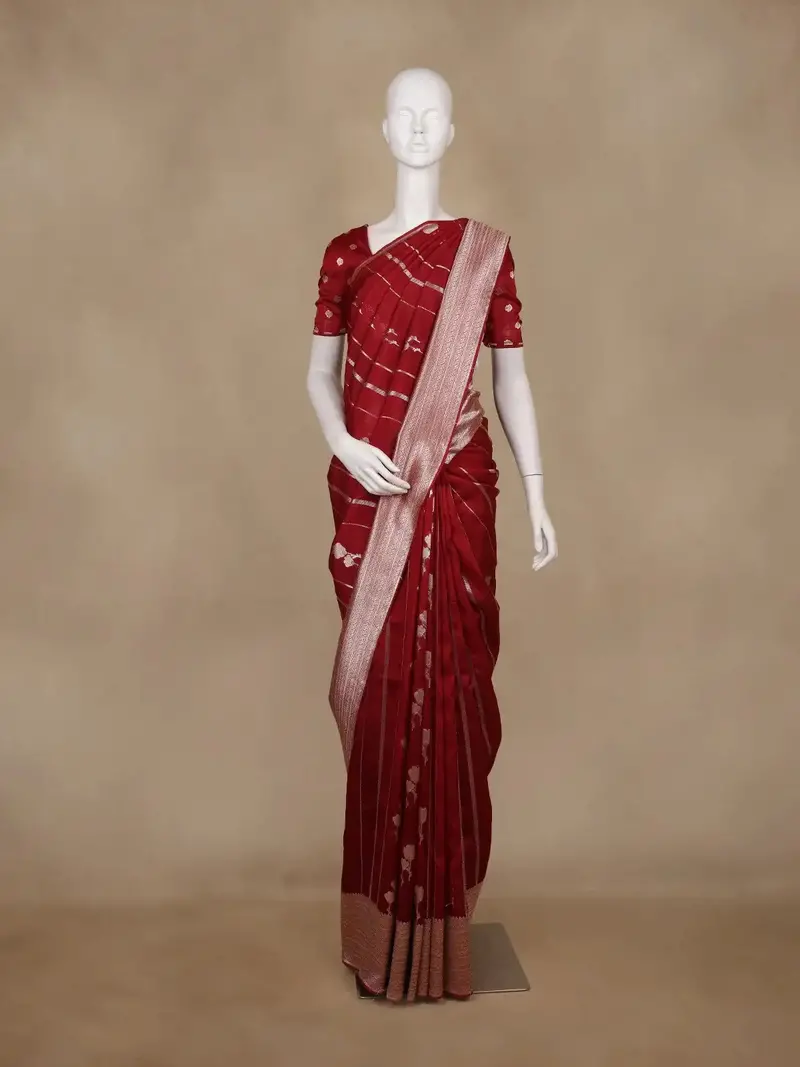 Red Stripes And Floral Woven Banarasi Silk Saree With Zari Border 1