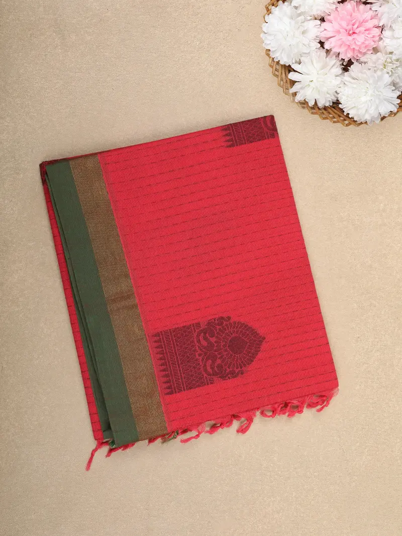 Red Stripes Design Cotton Saree With Contrast Green Zari Border 1