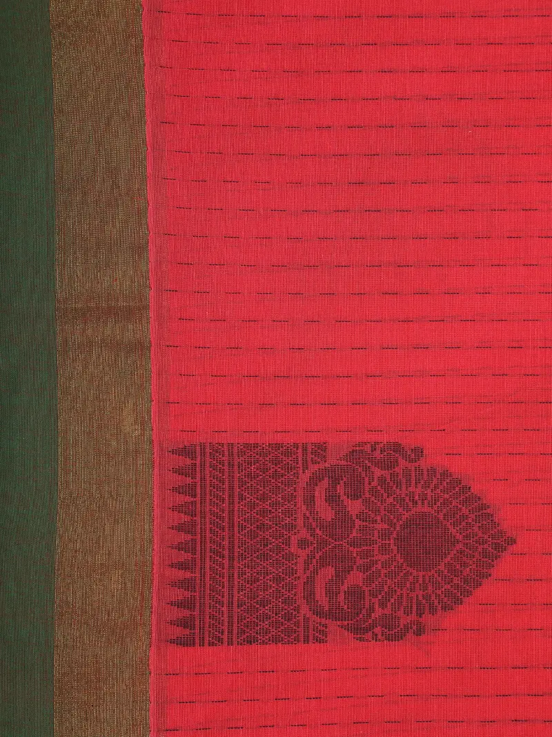 Red Stripes Design Cotton Saree With Contrast Green Zari Border 2