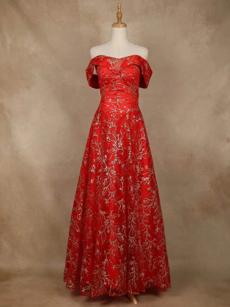Red Vine Glitter Paste Designed Bridal Reception Gown 1