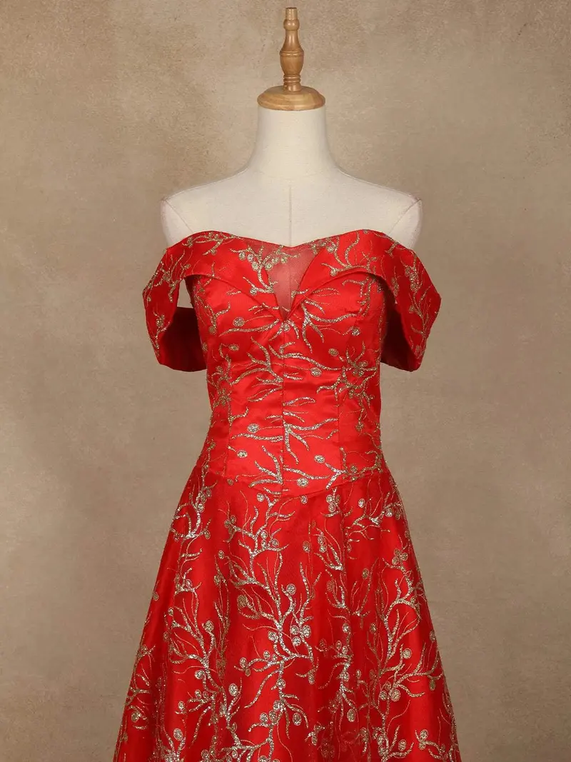 Red Vine Glitter Paste Designed Bridal Reception Gown 2