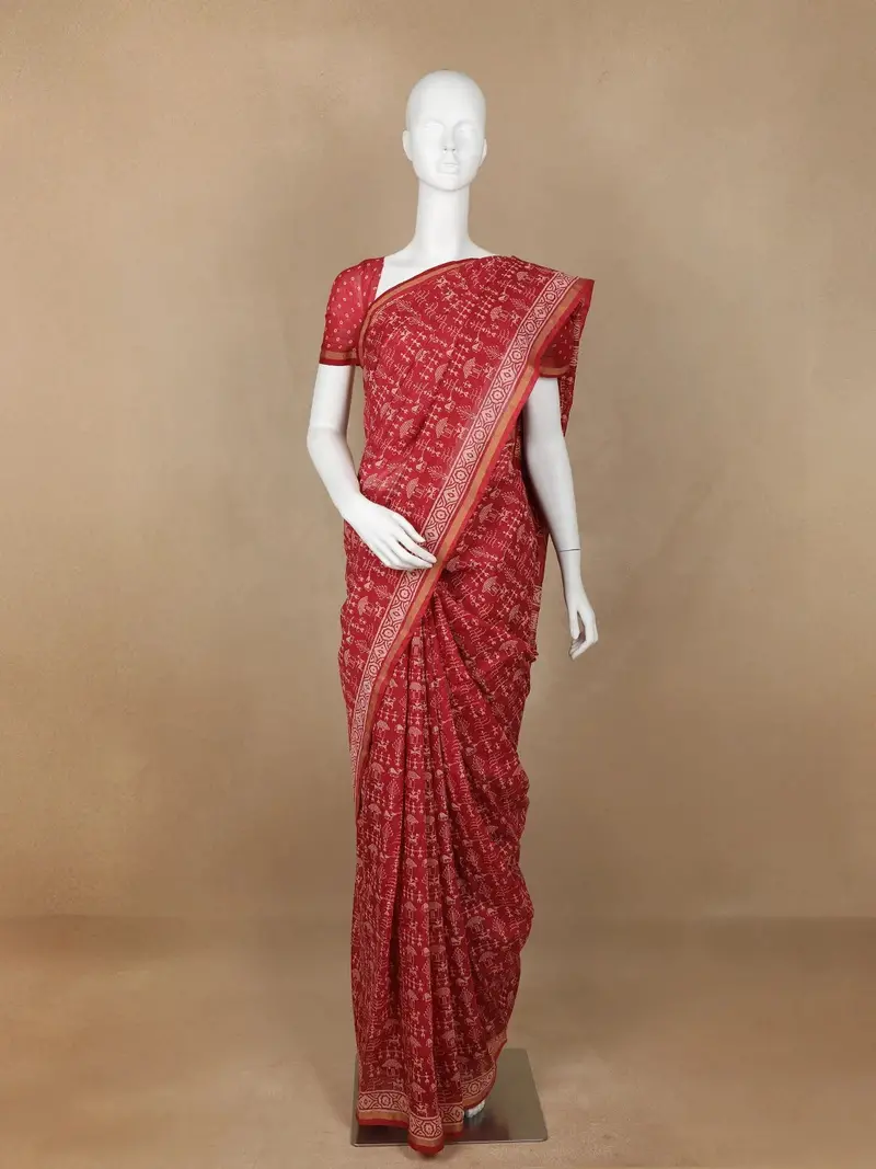 Red Warli Designed Cotton Saree 1