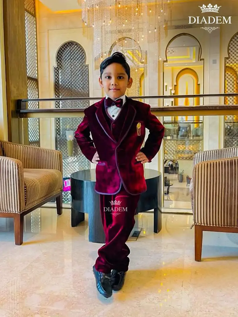 Red Wine Velvet Coat & Suit Set With Bow And Brooch 1