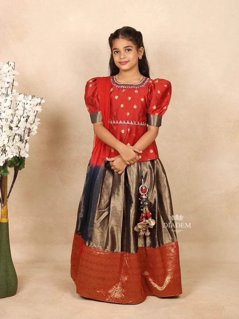 Red With Blue Silk Pavada Sattai Set With Zari Butta On The Body And Dupatta 1