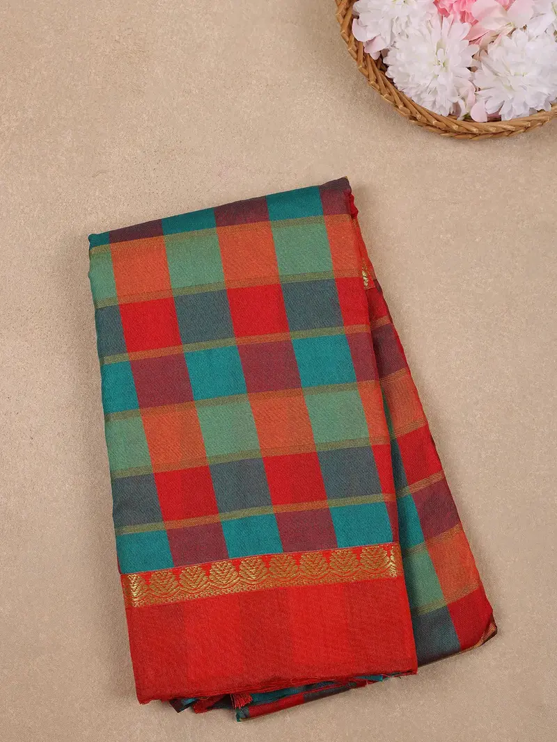 Red With Multicolor Checked Designed Woven Semi Silk Fancy Saree 1