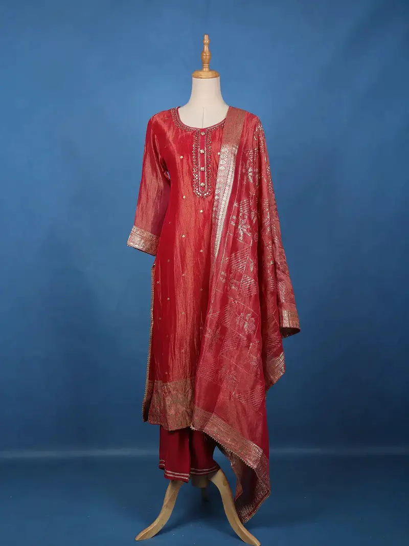 Red Zari Embroidered Silk Salwar Suit With Dupatta 1
