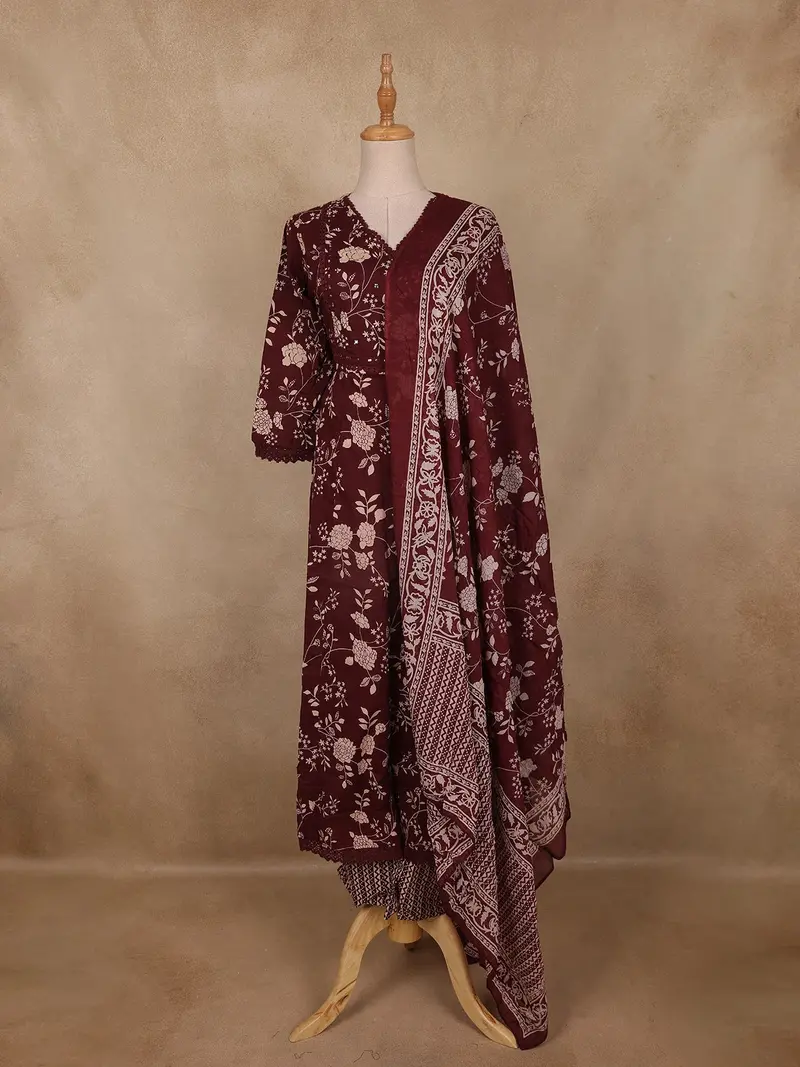 Reddish-Brown Floral Printed Cotton Salwar Suit With Dupatta 1