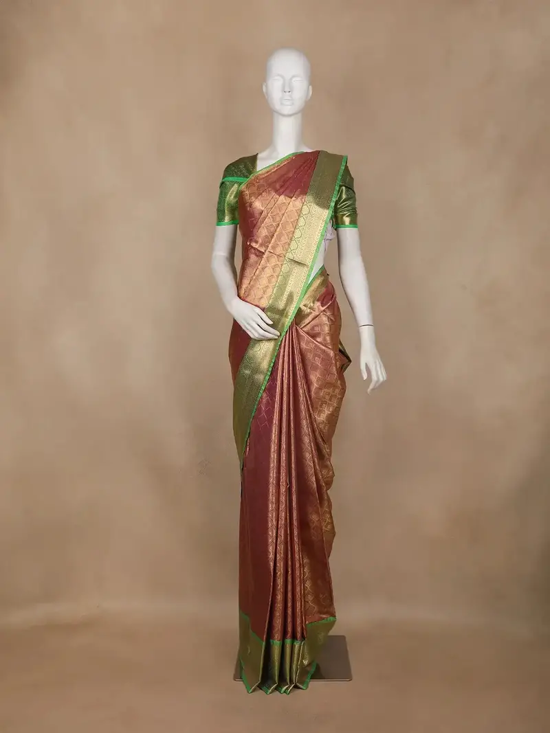Reddish Maroon Geometric Design Semi Tissue Silk Saree 1