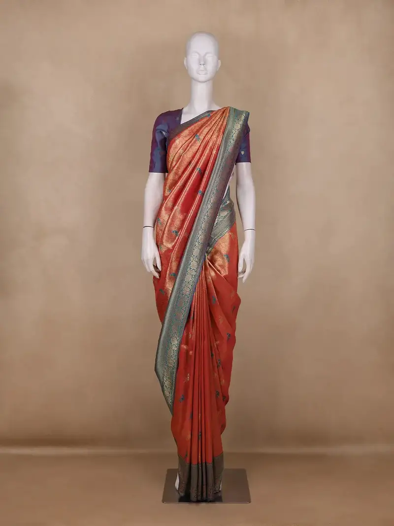 Reddish Orange Peacock Motif Design Semi Banarasi Silk Saree 1