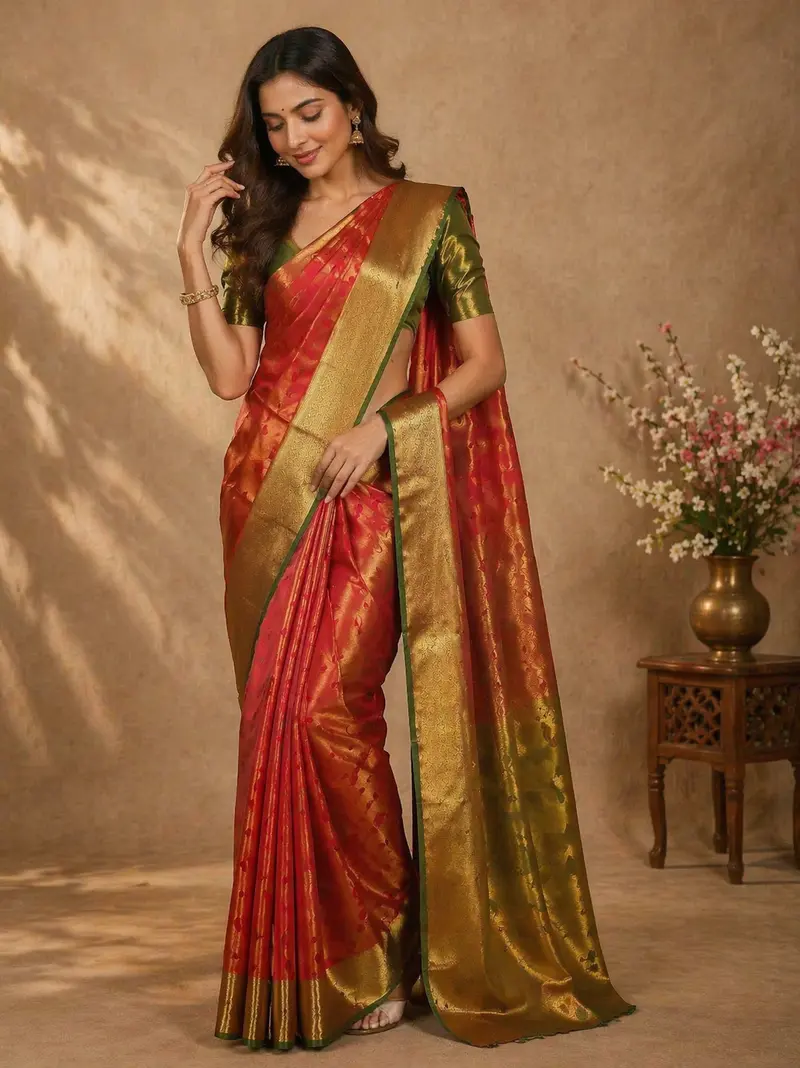 Reddish Pink Floral Butta Design Semi Tissue Silk Saree 1