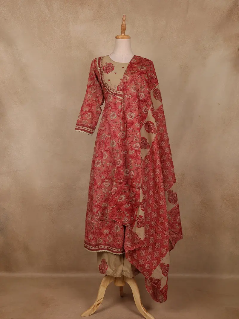 Reddish-Pink Floral Printed Cotton Salwar Suit With Dupatta 1