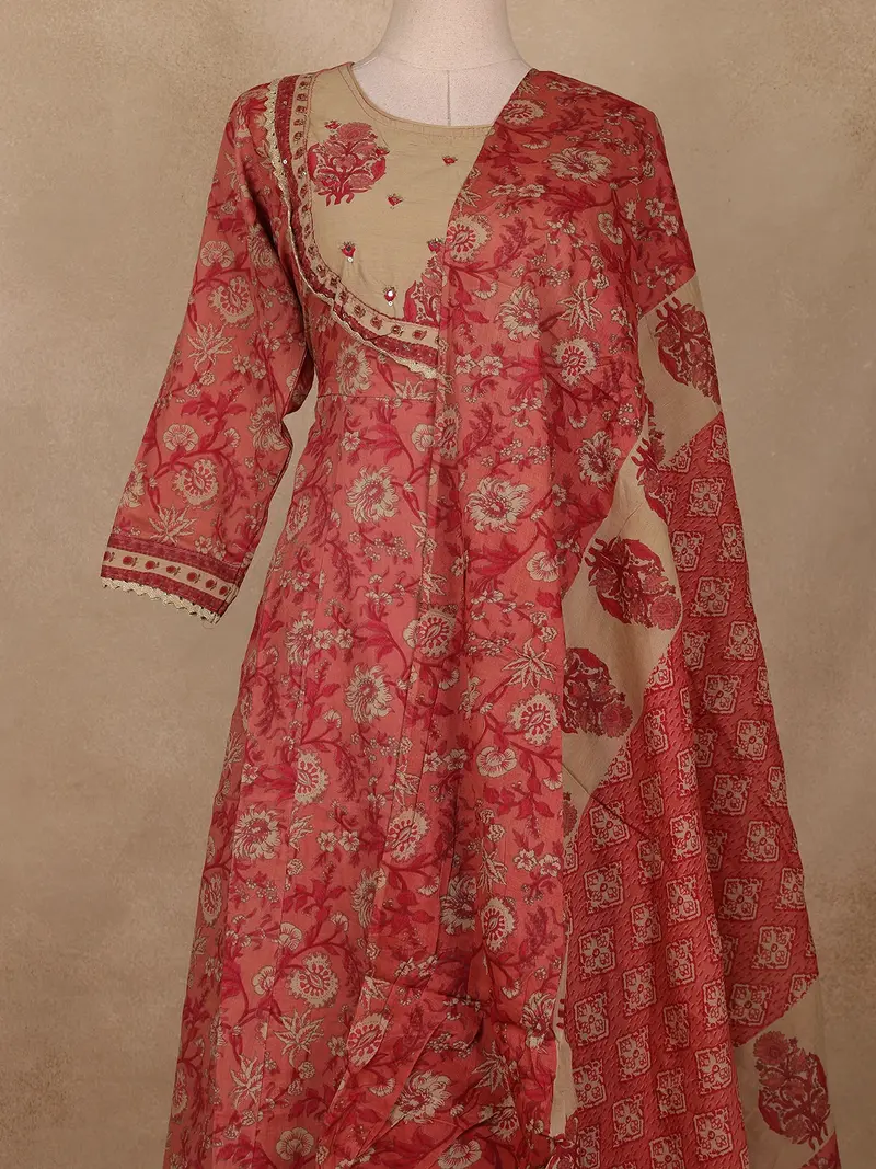Reddish-Pink Floral Printed Cotton Salwar Suit With Dupatta 2