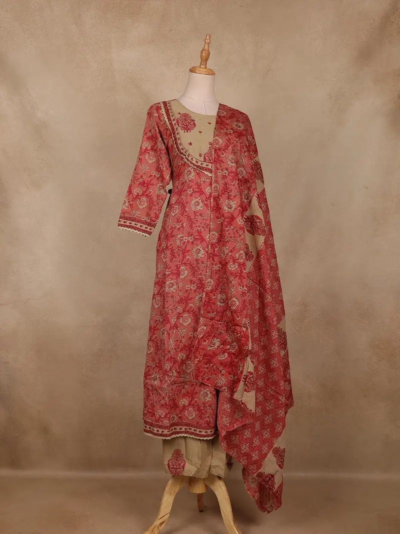 Reddish-Pink Floral Printed Cotton Salwar Suit With Dupatta 3