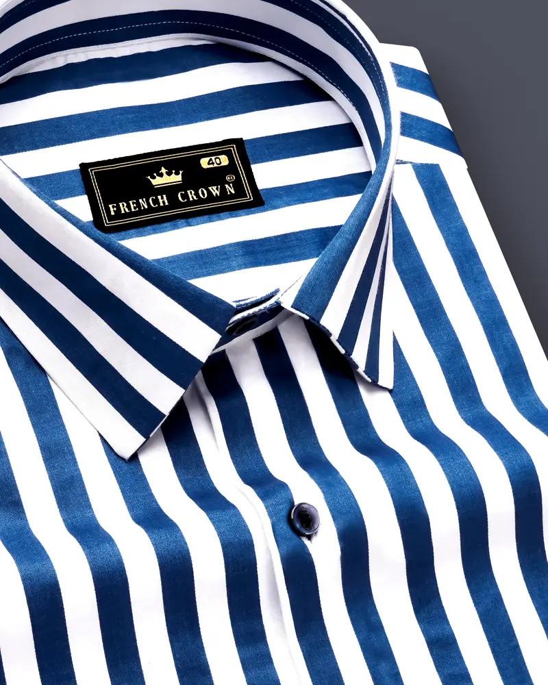 Regal Blue And Bright White Striped Subtle Sheen Super Soft Premium Cotton Designer Shirt 1