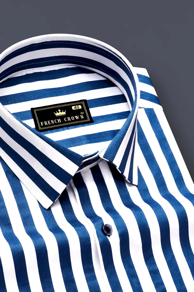 Regal Blue And Bright White Striped Subtle Sheen Super Soft Premium Cotton Designer Shirt 2