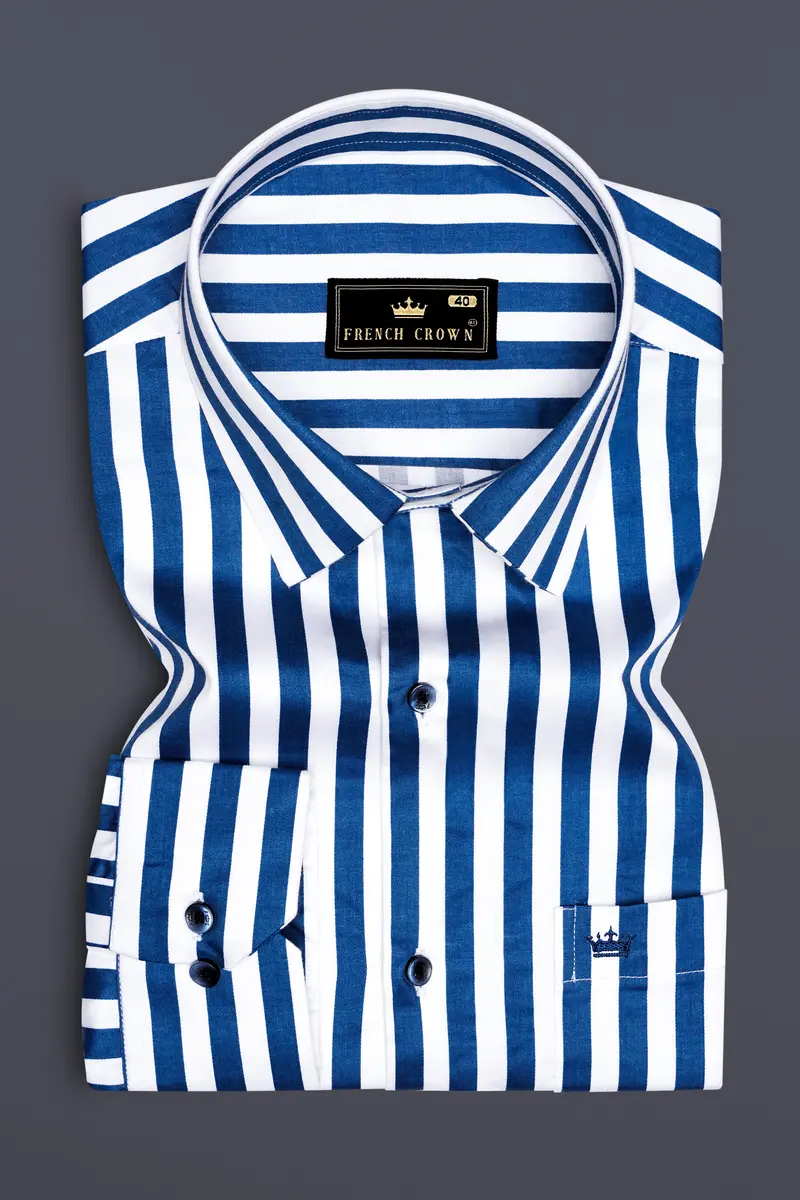 Regal Blue And Bright White Striped Subtle Sheen Super Soft Premium Cotton Designer Shirt 4