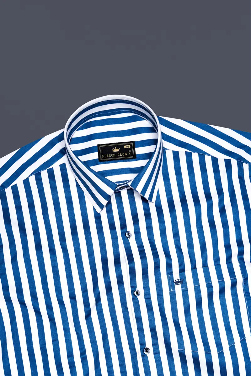 Regal Blue And Bright White Striped Subtle Sheen Super Soft Premium Cotton Designer Shirt 5