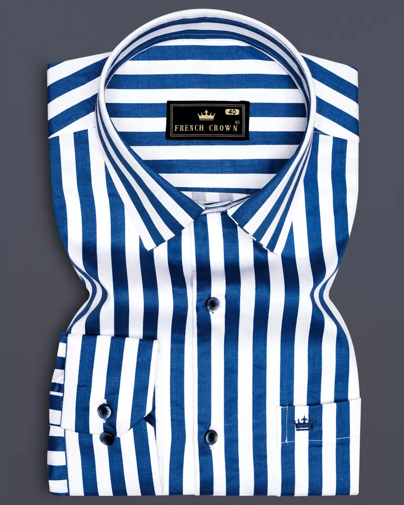 Regal Blue And Bright White Striped Subtle Sheen Super Soft Premium Cotton Designer Shirt 6