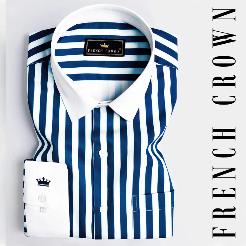 Regal Blue And White Stripes White Cuffs And Collar Subtle Sheen Super Soft Premium Cotton Designer Shirt 1