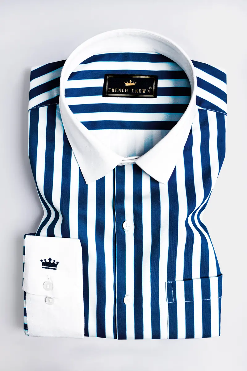 Regal Blue And White Stripes White Cuffs And Collar Subtle Sheen Super Soft Premium Cotton Designer Shirt 2