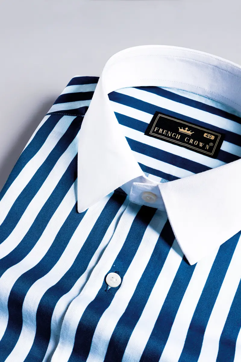 Regal Blue And White Stripes White Cuffs And Collar Subtle Sheen Super Soft Premium Cotton Designer Shirt 4